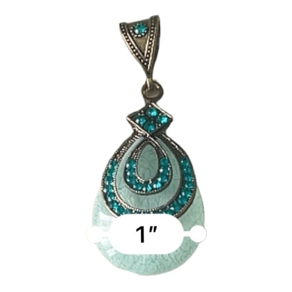 Vintage retro bohemian style turquoise rhinestones oval emerald pendant Women - Picture 9 of 10